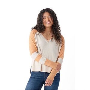Smartwool V-Neck Sweater Size Small Orange Almond Stripes Womens Edgewood